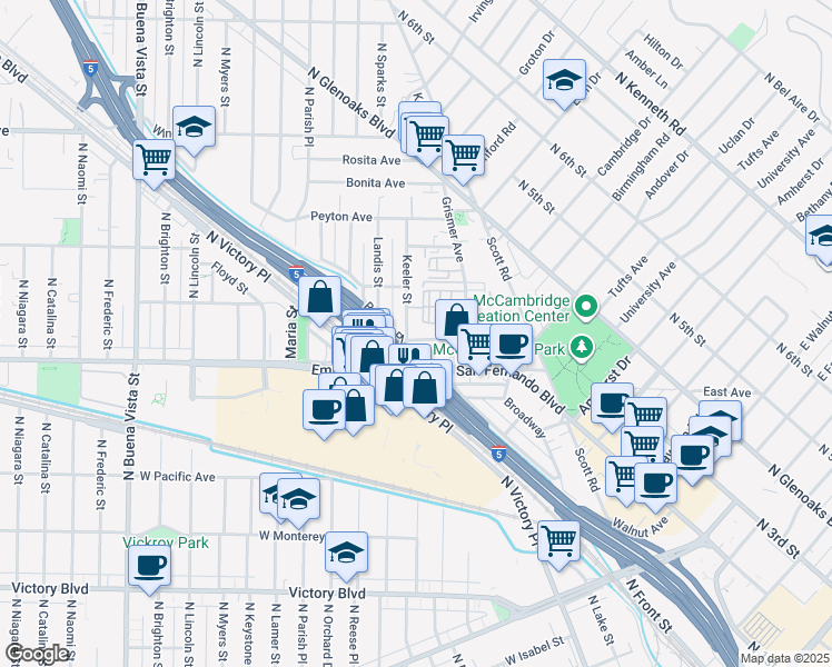 map of restaurants, bars, coffee shops, grocery stores, and more near 1622 Keeler Street in Burbank