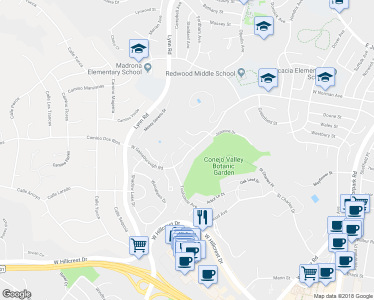 map of restaurants, bars, coffee shops, grocery stores, and more near 463 West Gainsborough Road in Thousand Oaks