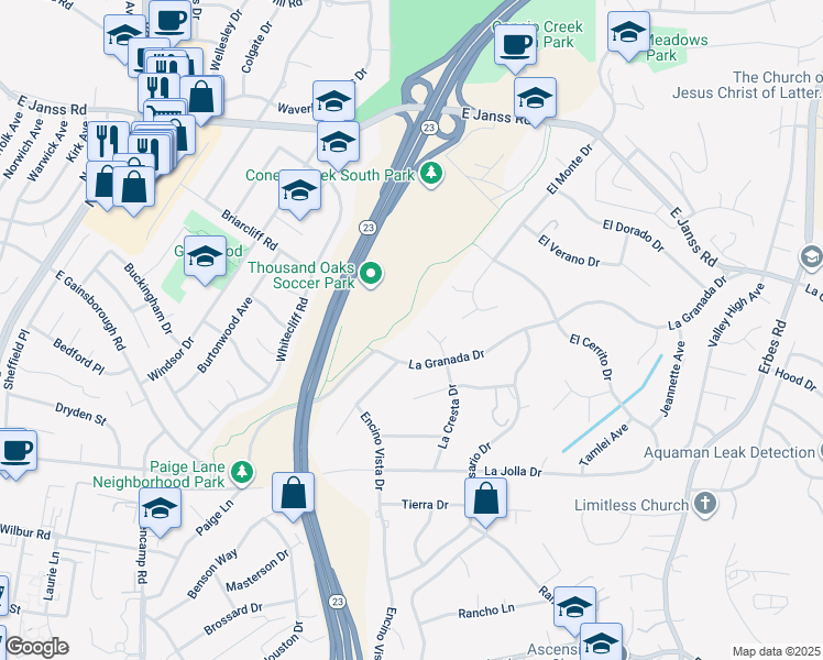 map of restaurants, bars, coffee shops, grocery stores, and more near 1091 La Cresta Drive in Thousand Oaks