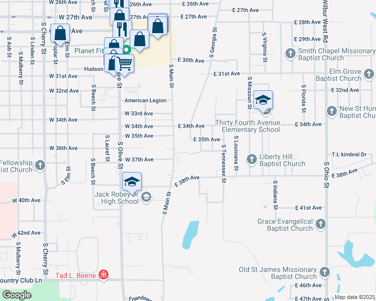 map of restaurants, bars, coffee shops, grocery stores, and more near 3607 South Main Street in Pine Bluff