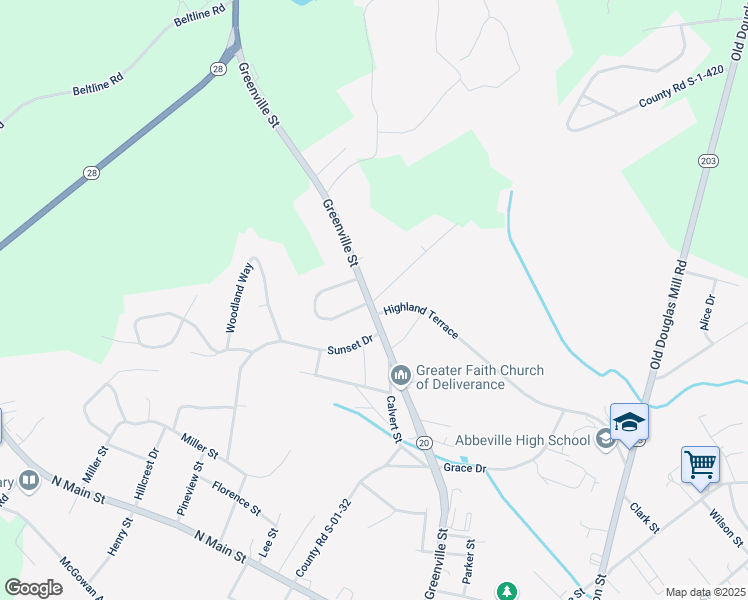 map of restaurants, bars, coffee shops, grocery stores, and more near 101 College Avenue in Abbeville