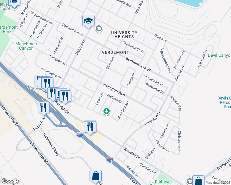 map of restaurants, bars, coffee shops, grocery stores, and more near 2824 Melissa Street in San Bernardino