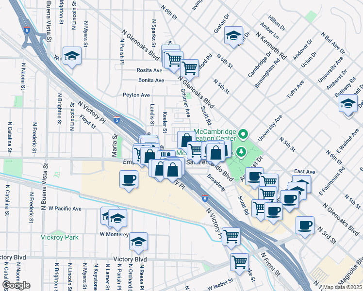 map of restaurants, bars, coffee shops, grocery stores, and more near 1721 Rogers Place in Burbank