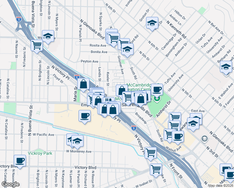 map of restaurants, bars, coffee shops, grocery stores, and more near 1721 Rogers Place in Burbank