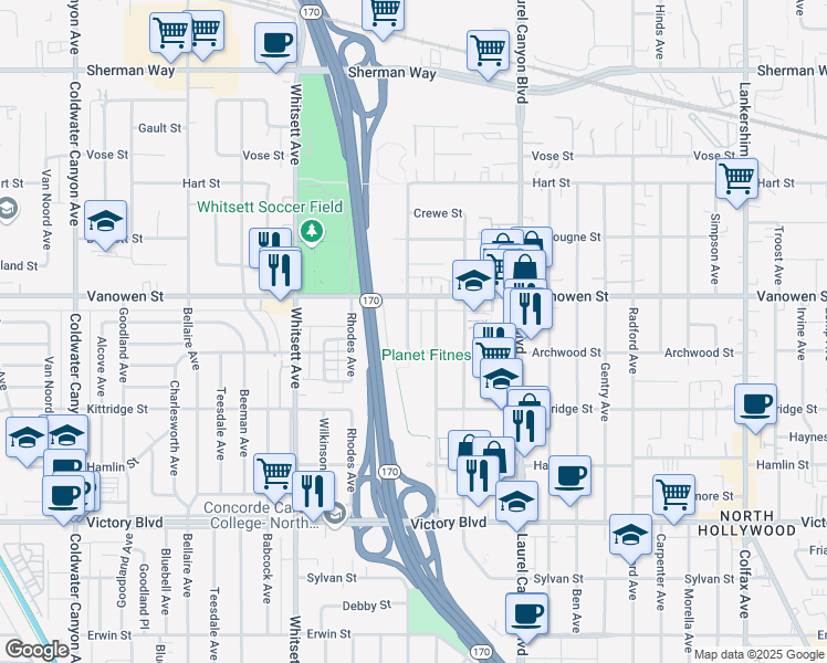 map of restaurants, bars, coffee shops, grocery stores, and more near 6701 Laurelgrove Avenue in Los Angeles