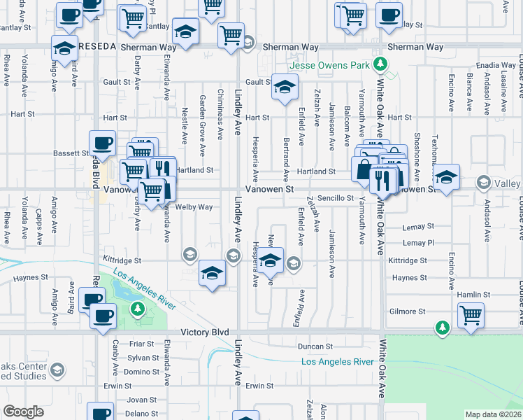 map of restaurants, bars, coffee shops, grocery stores, and more near 18012 Welby Way in Los Angeles