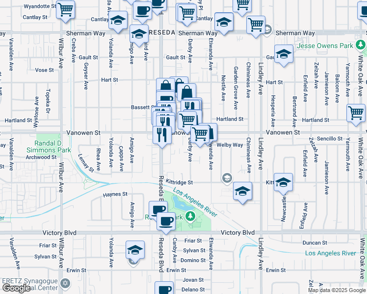 map of restaurants, bars, coffee shops, grocery stores, and more near 6717 Darby Avenue in Los Angeles