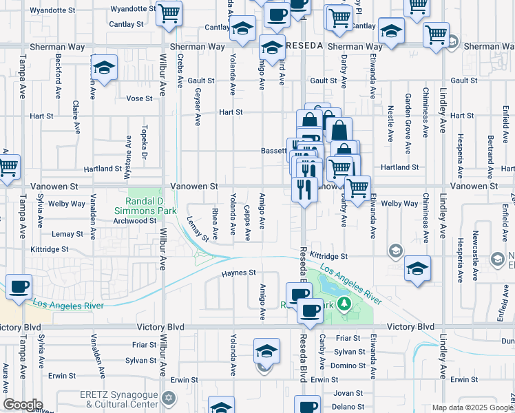 map of restaurants, bars, coffee shops, grocery stores, and more near 6719 Amigo Avenue in Los Angeles