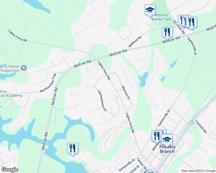 map of restaurants, bars, coffee shops, grocery stores, and more near 6069 Lights Ferry Road in Flowery Branch