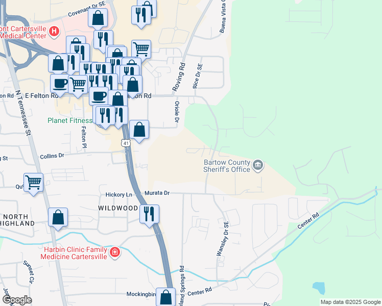 map of restaurants, bars, coffee shops, grocery stores, and more near 12001206 Stonehaven Circle in Cartersville