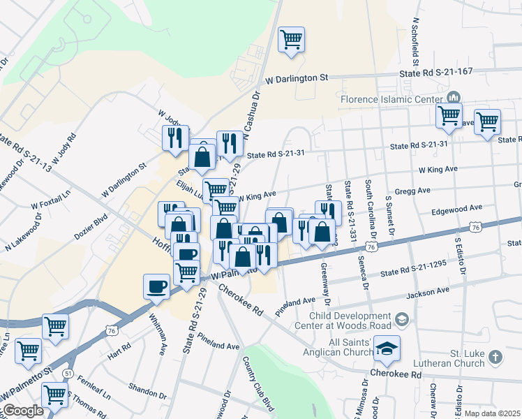 map of restaurants, bars, coffee shops, grocery stores, and more near 160 Central Drive in Florence