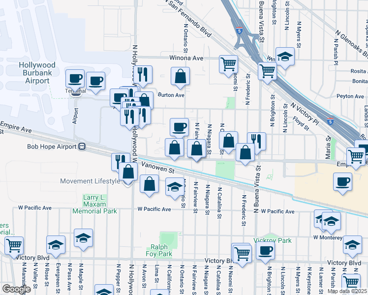 map of restaurants, bars, coffee shops, grocery stores, and more near 2233 North Ontario Street in Burbank
