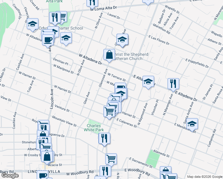 map of restaurants, bars, coffee shops, grocery stores, and more near 87 West Mariposa Street in Altadena