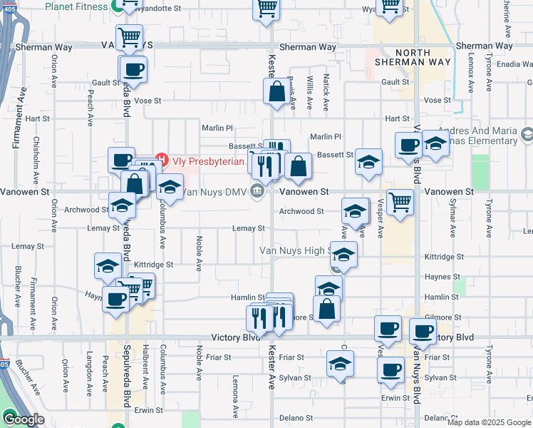 map of restaurants, bars, coffee shops, grocery stores, and more near 6725 Kester Avenue in Los Angeles