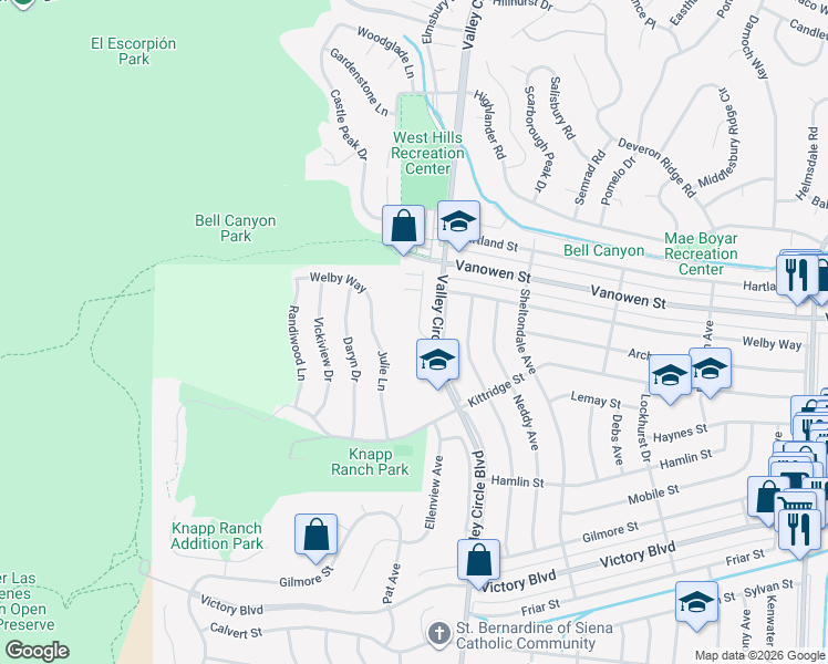 map of restaurants, bars, coffee shops, grocery stores, and more near 6721 Corie Lane in Los Angeles County
