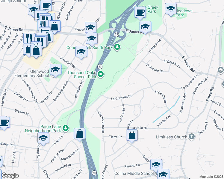map of restaurants, bars, coffee shops, grocery stores, and more near 1091 La Cresta Drive in Thousand Oaks