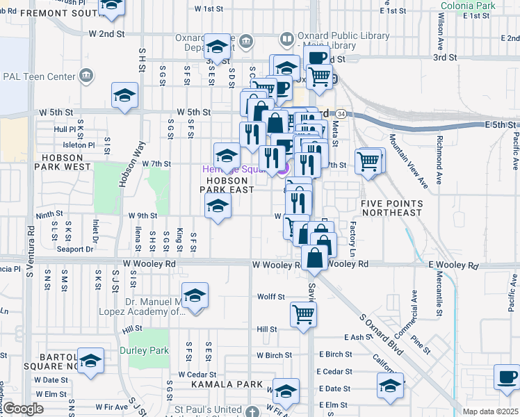 map of restaurants, bars, coffee shops, grocery stores, and more near 865 South B Street in Oxnard
