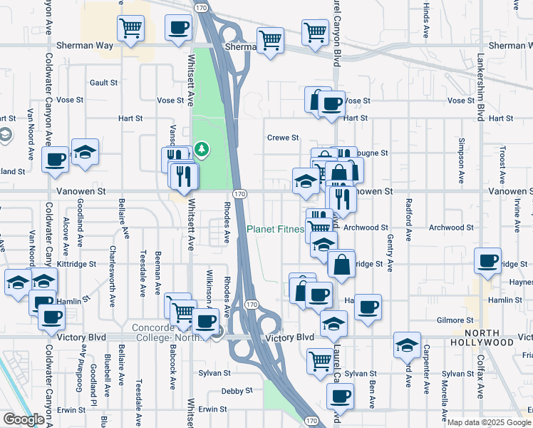 map of restaurants, bars, coffee shops, grocery stores, and more near 6706 Laurelgrove Avenue in Los Angeles