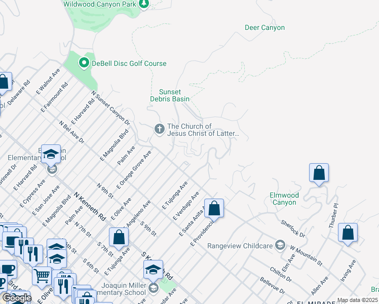 map of restaurants, bars, coffee shops, grocery stores, and more near 1 Skyline Drive in Burbank