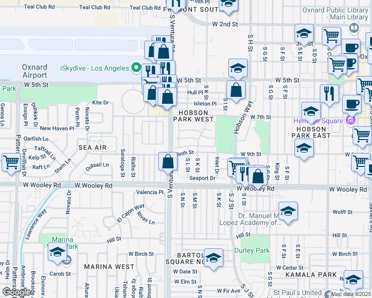 map of restaurants, bars, coffee shops, grocery stores, and more near 1250 Oyster Place in Oxnard