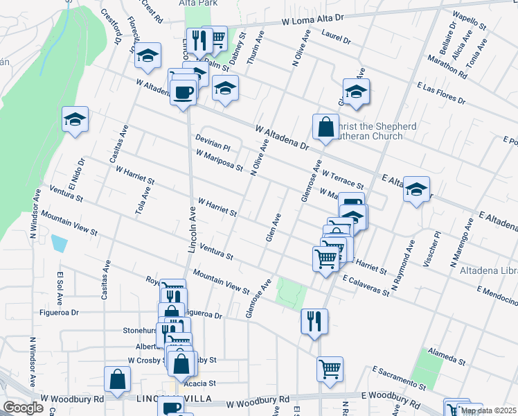 map of restaurants, bars, coffee shops, grocery stores, and more near 2756 Bula Court in Altadena