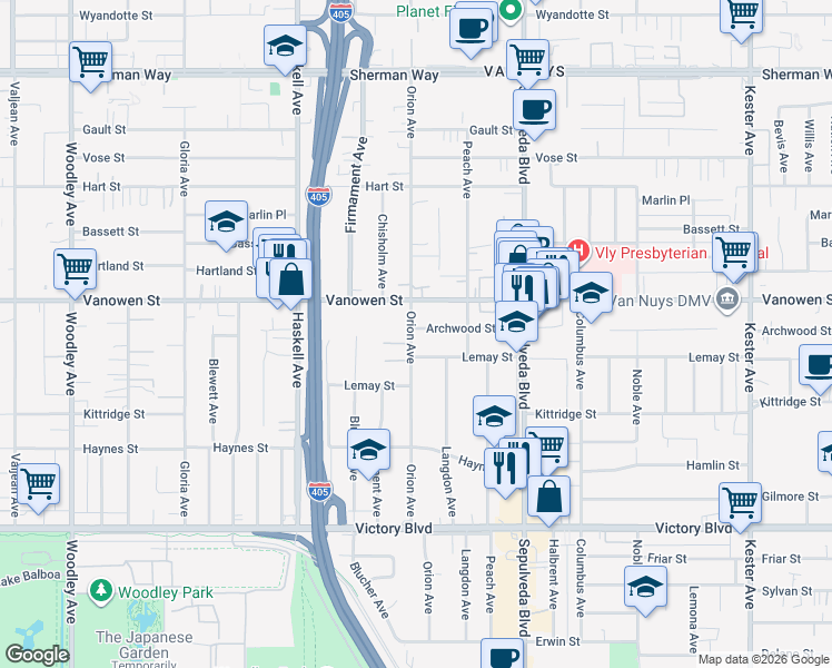 map of restaurants, bars, coffee shops, grocery stores, and more near 15454 Archwood Street in Los Angeles