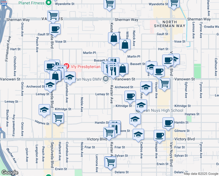 map of restaurants, bars, coffee shops, grocery stores, and more near 6725 Kester Avenue in Los Angeles