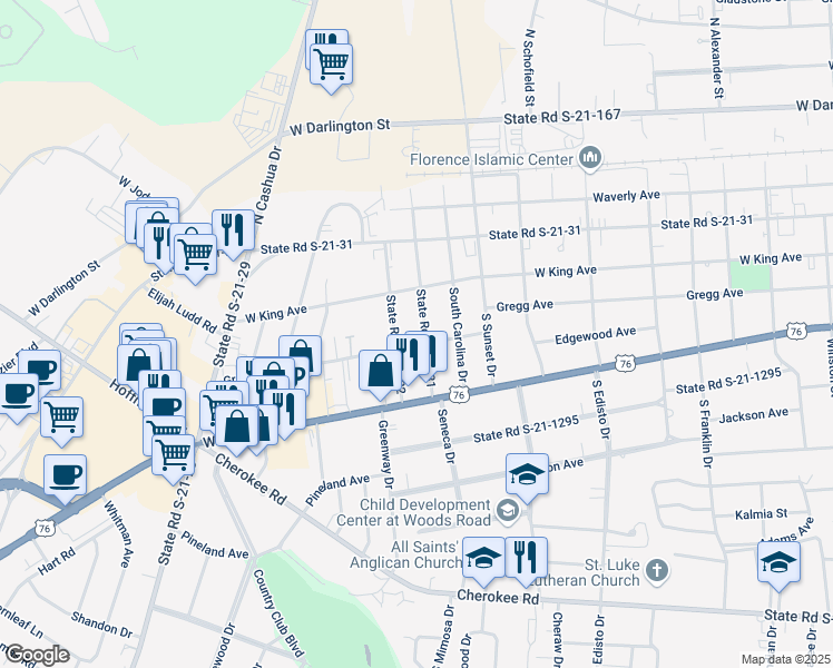 map of restaurants, bars, coffee shops, grocery stores, and more near 200 South Homestead Drive in Florence