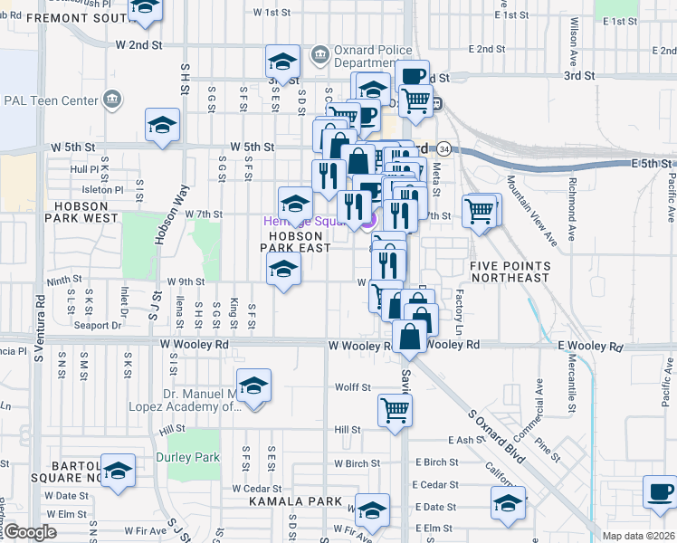 map of restaurants, bars, coffee shops, grocery stores, and more near 865 South B Street in Oxnard