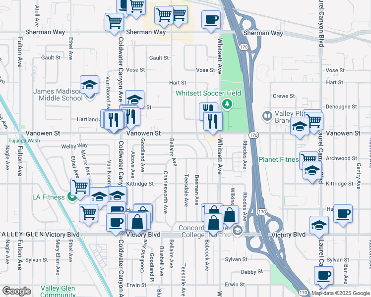 map of restaurants, bars, coffee shops, grocery stores, and more near 12650 Welby Way in Los Angeles