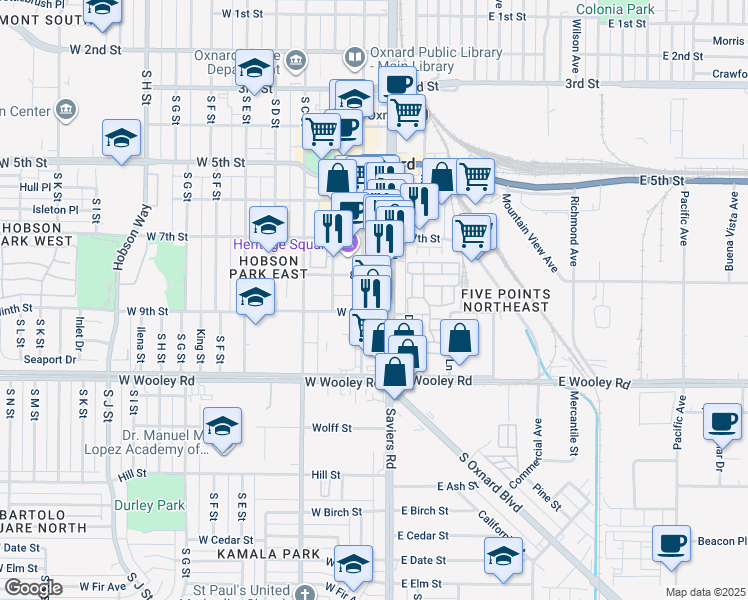 map of restaurants, bars, coffee shops, grocery stores, and more near 860 South A Street in Oxnard