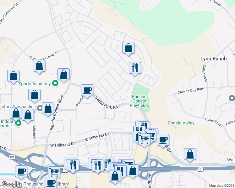 map of restaurants, bars, coffee shops, grocery stores, and more near 1851 Fox Springs Circle in Thousand Oaks