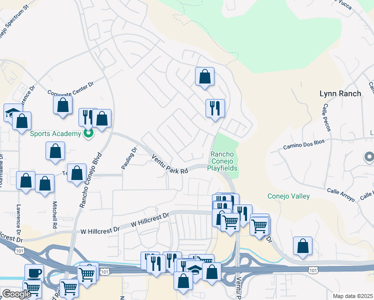 map of restaurants, bars, coffee shops, grocery stores, and more near 1851 Fox Springs Circle in Thousand Oaks