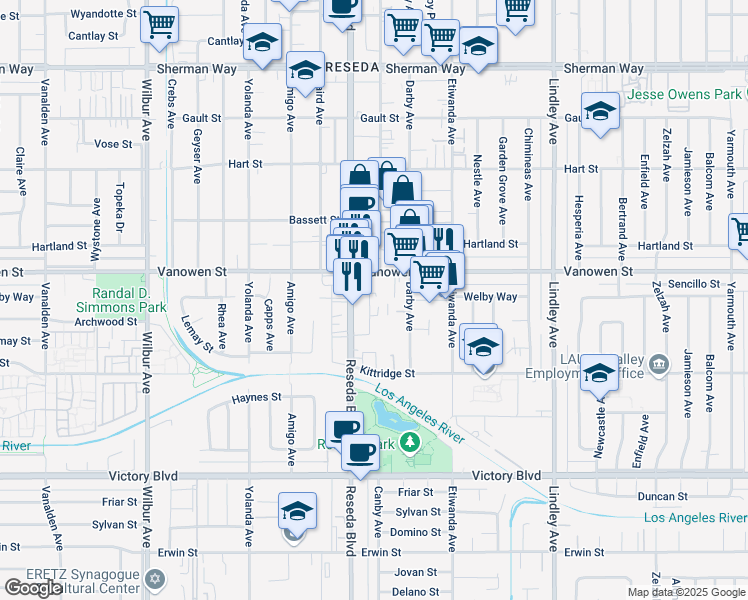 map of restaurants, bars, coffee shops, grocery stores, and more near 6717 Darby Avenue in Los Angeles