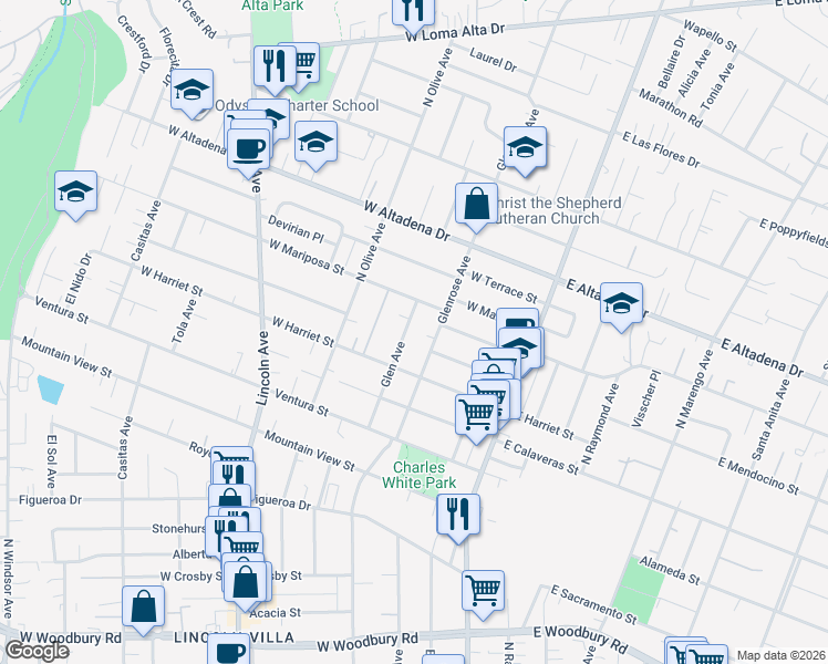 map of restaurants, bars, coffee shops, grocery stores, and more near 2774 Glen Avenue in Altadena