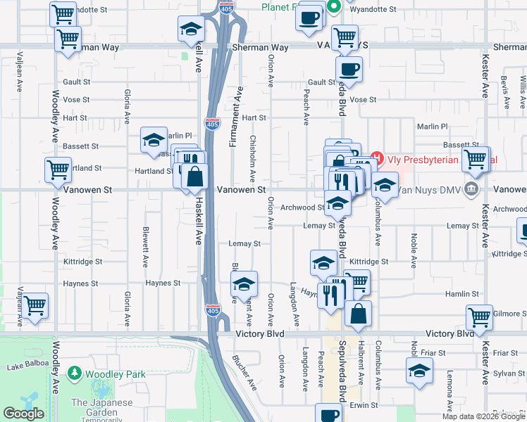map of restaurants, bars, coffee shops, grocery stores, and more near 6727 Orion Avenue in Los Angeles