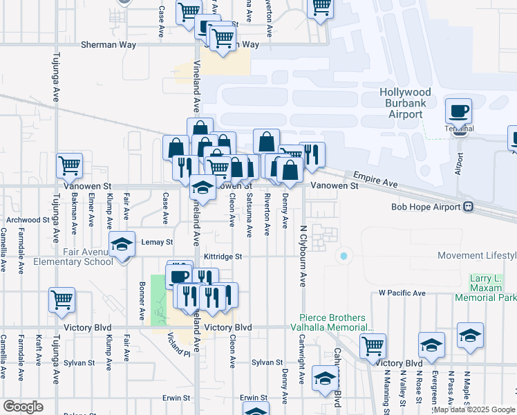 map of restaurants, bars, coffee shops, grocery stores, and more near 6721 Riverton Avenue in Los Angeles