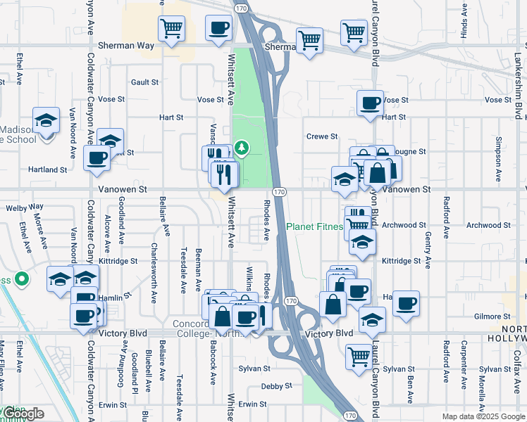 map of restaurants, bars, coffee shops, grocery stores, and more near 12401 Archwood Street in Los Angeles