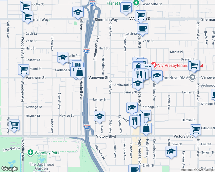 map of restaurants, bars, coffee shops, grocery stores, and more near 6727 Orion Avenue in Los Angeles