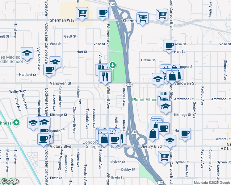 map of restaurants, bars, coffee shops, grocery stores, and more near 12420 Archwood Street in Los Angeles