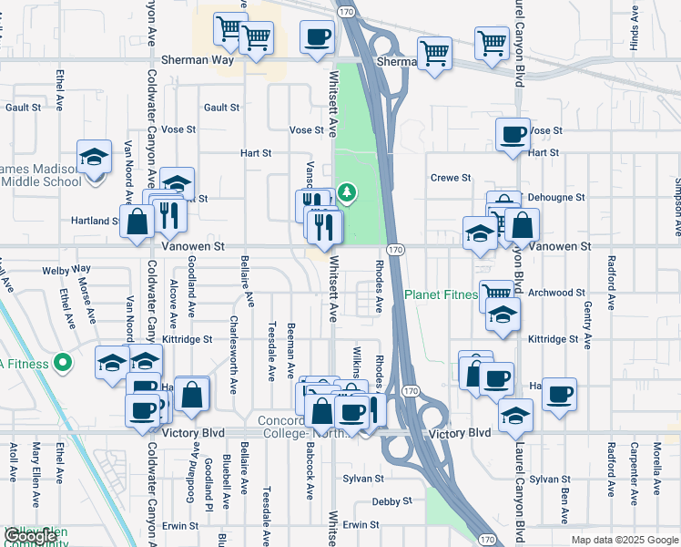 map of restaurants, bars, coffee shops, grocery stores, and more near 6722 Whitsett Avenue in Los Angeles