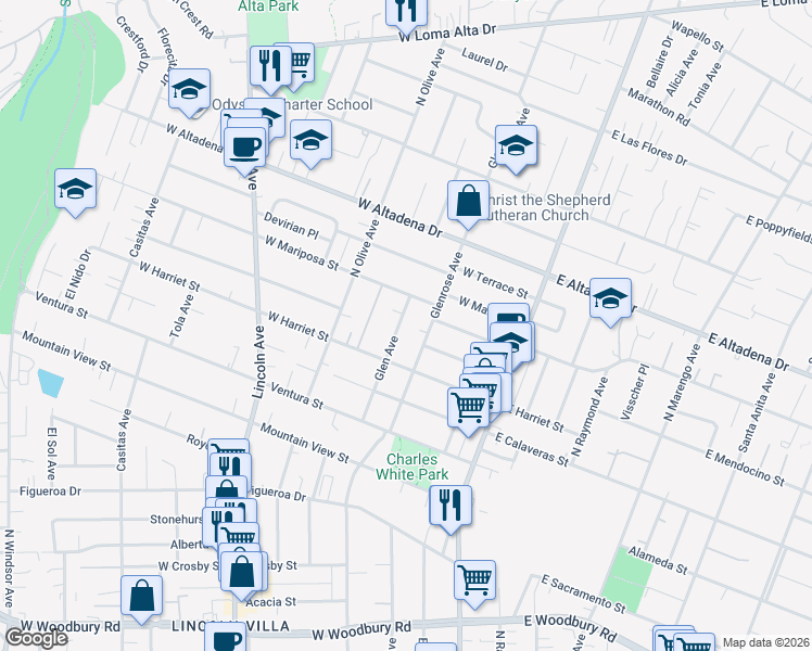 map of restaurants, bars, coffee shops, grocery stores, and more near 2774 Glen Avenue in Altadena