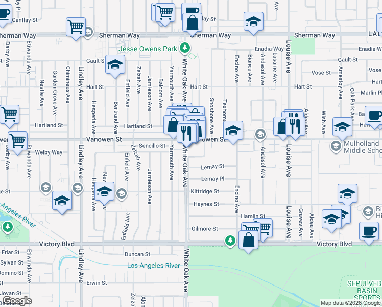 map of restaurants, bars, coffee shops, grocery stores, and more near 17653 Welby Way in Los Angeles