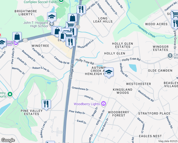 map of restaurants, bars, coffee shops, grocery stores, and more near 4614 Bentley Drive in Wilmington