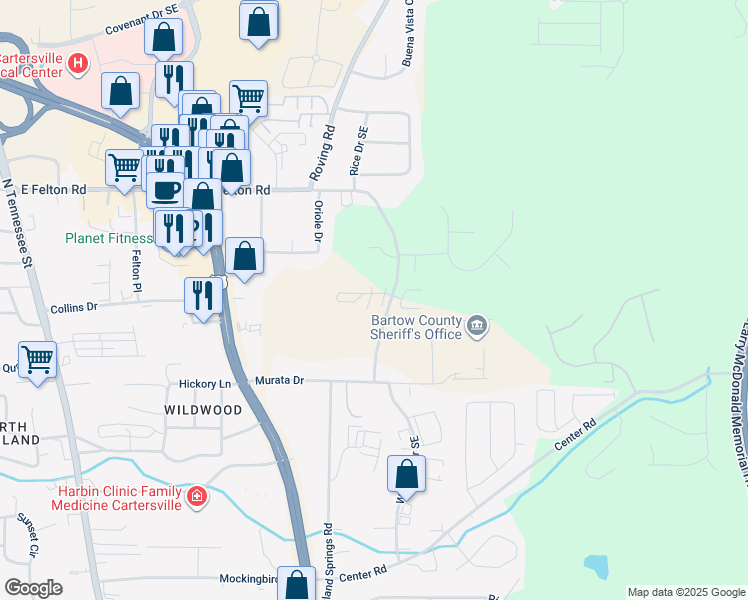 map of restaurants, bars, coffee shops, grocery stores, and more near 16001606 Stonehaven Circle in Cartersville