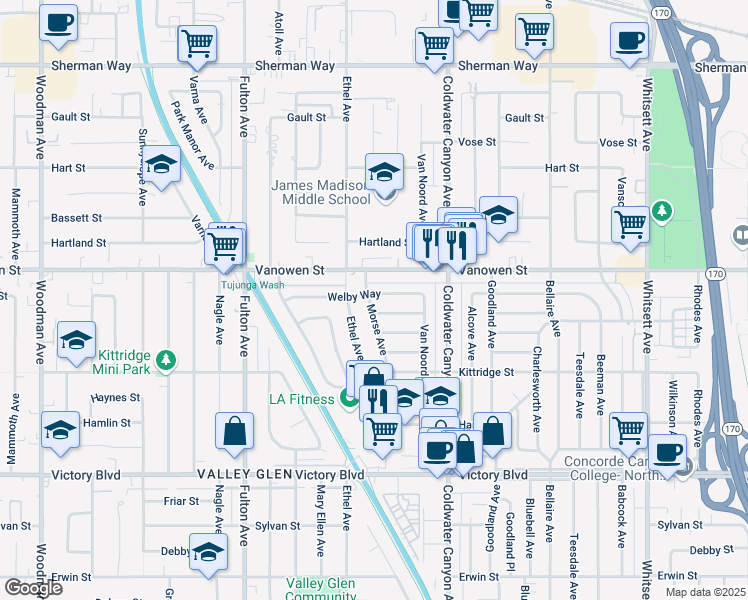 map of restaurants, bars, coffee shops, grocery stores, and more near 6703 Morse Avenue in Los Angeles