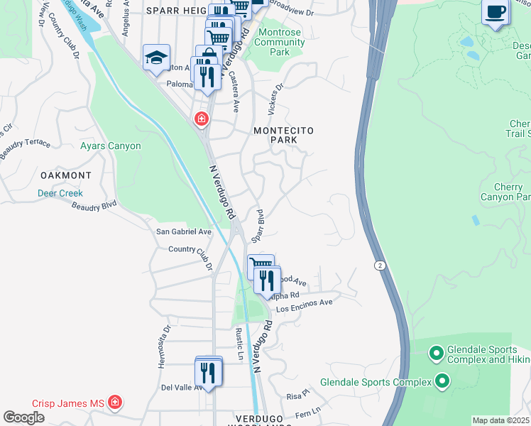 map of restaurants, bars, coffee shops, grocery stores, and more near 1901 Montecito Drive in Glendale