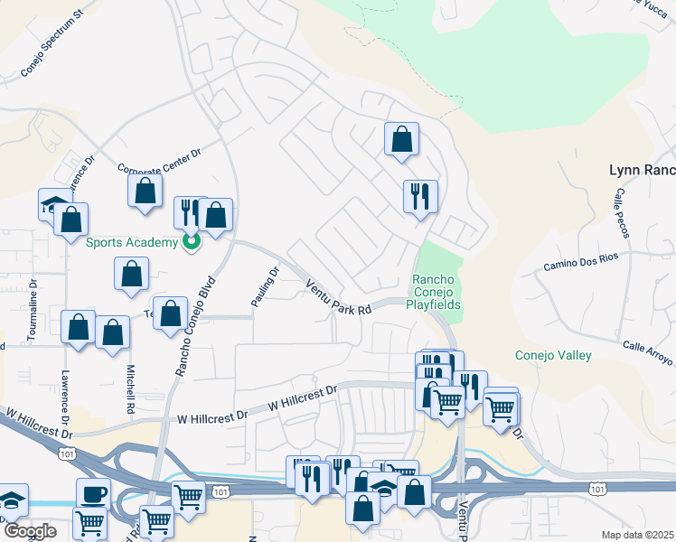 map of restaurants, bars, coffee shops, grocery stores, and more near 1811 Fox Springs Circle in Thousand Oaks