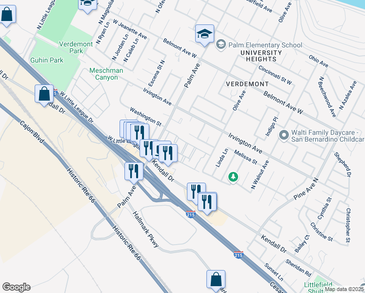 map of restaurants, bars, coffee shops, grocery stores, and more near 6155 Palm Avenue in San Bernardino