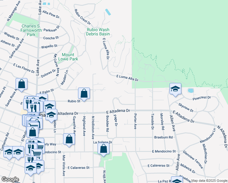 map of restaurants, bars, coffee shops, grocery stores, and more near 1437 Crest Drive in Altadena